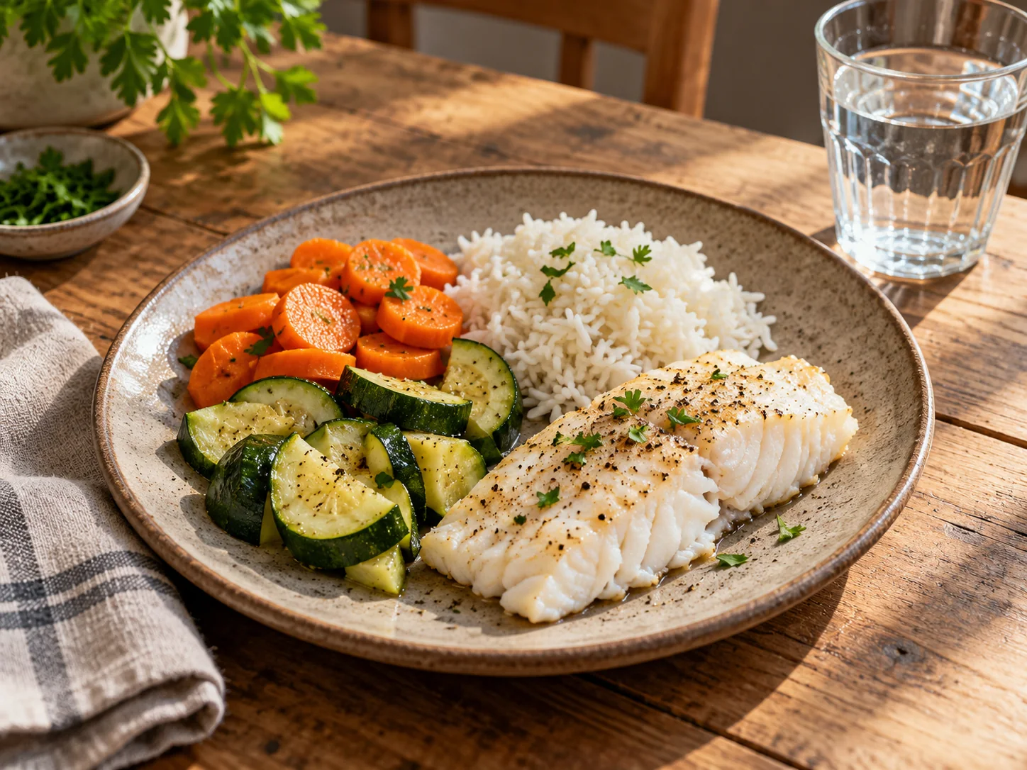 Gegaarde witvis met rijst, wortel en courgette op een aardewerken bord, met een glas water op een houten tafel.