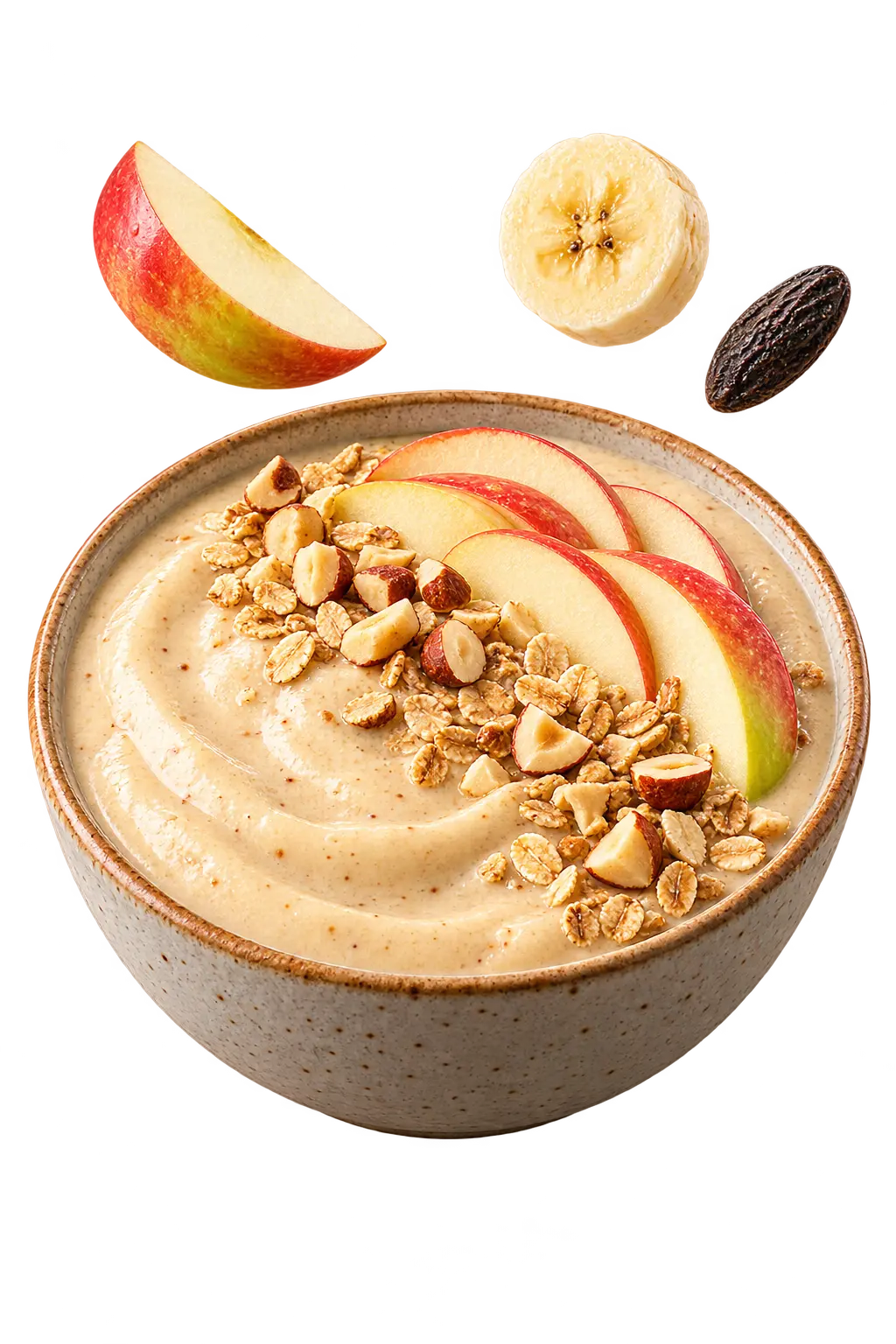 Appel-tonka smoothiebowl met plakjes appel, geroosterde haver en hazelnoten.