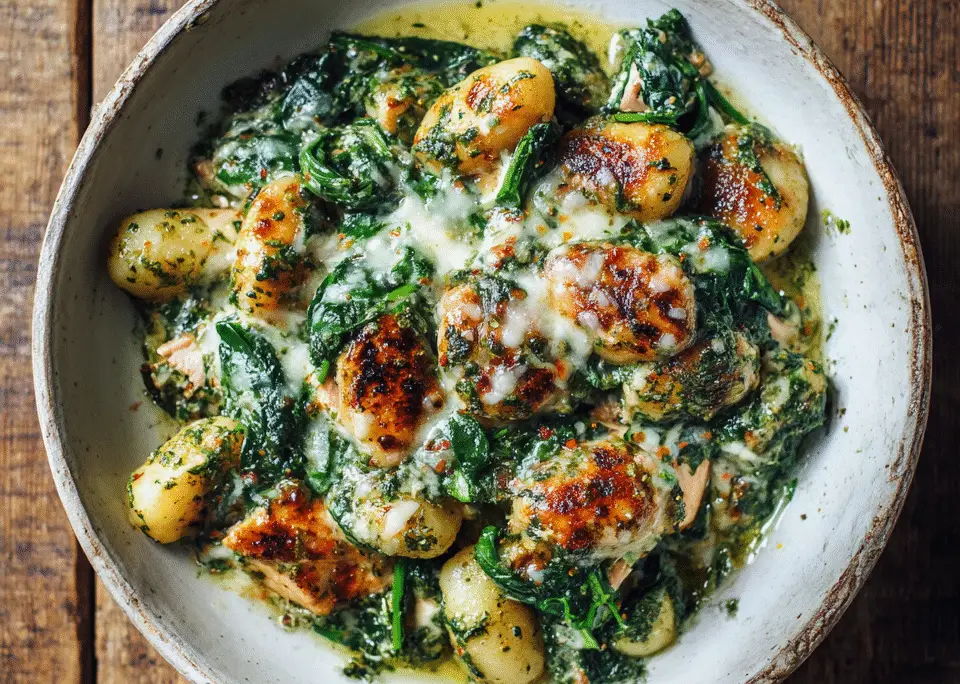 €4,95 • ROMIGE PESTO GNOCCHI MET KIP EN SPINAZIE.