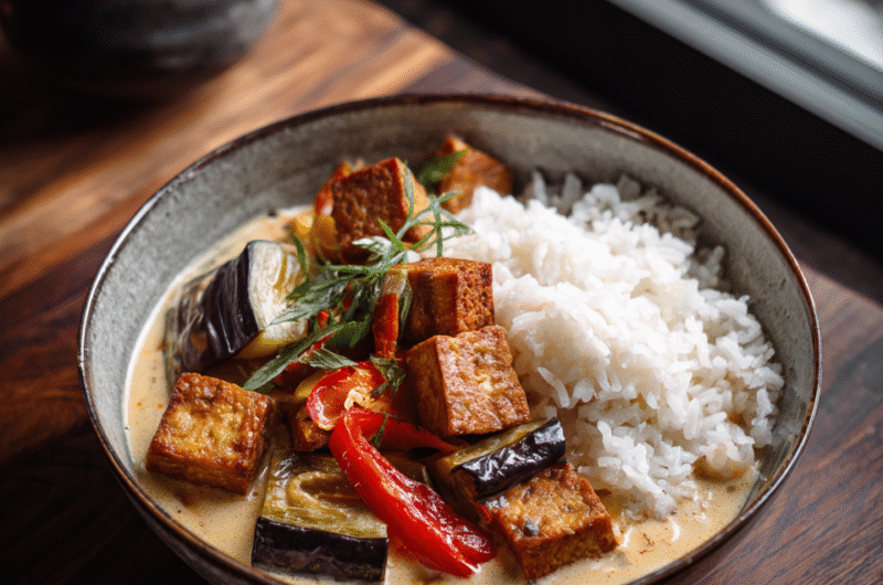 RODE CURRY MET TOFU EN KOKOSRIJST
