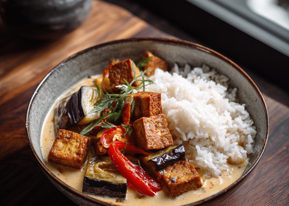 RODE CURRY MET TOFU EN KOKOSRIJST