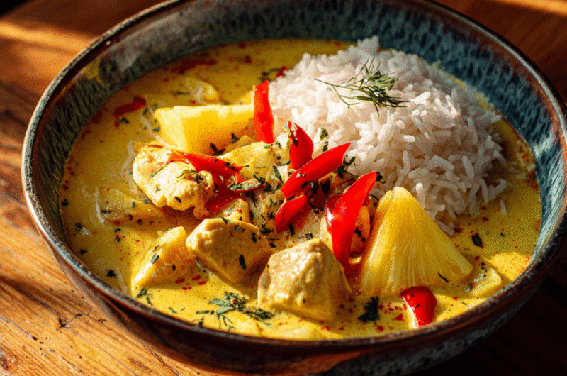 GELE CURRY MET RIJST EN GEKARAMELISEERDE ANANAS