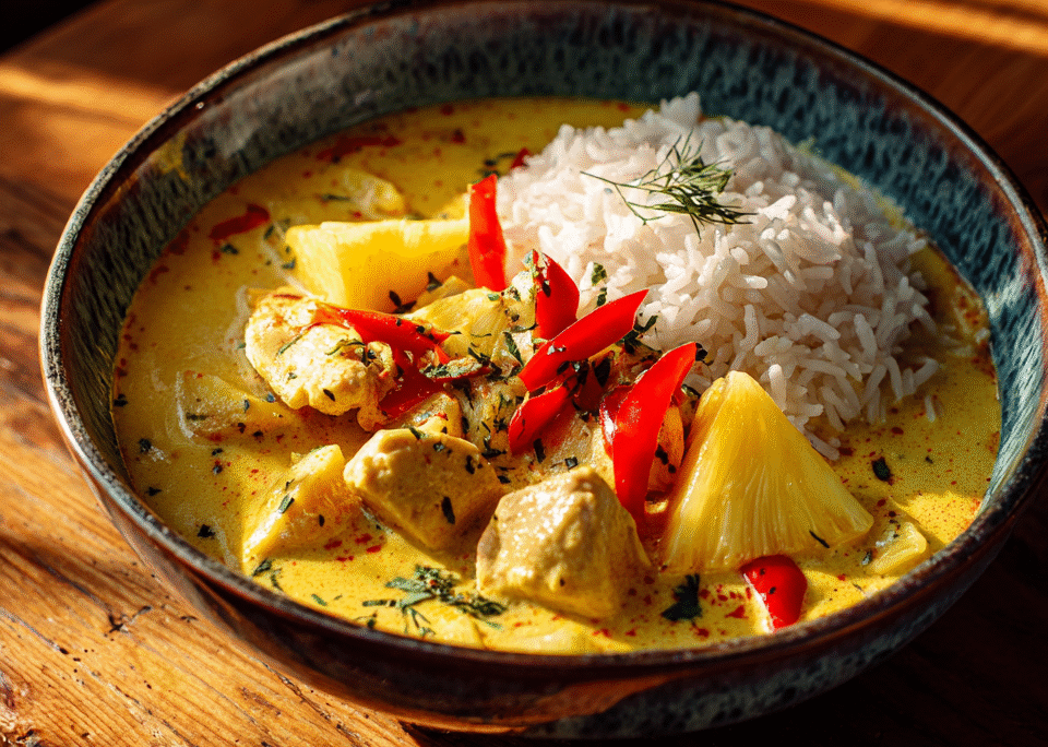 GELE CURRY MET RIJST EN GEKARAMELISEERDE ANANAS