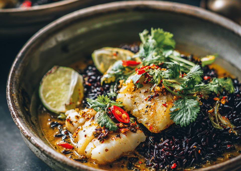 ZWARTE RIJST MET KOOLVISSTOOF IN KOKOSMELK 🐟🥥