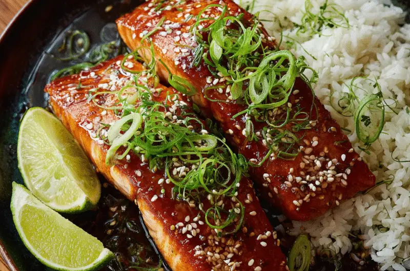 GEGRILDE ZALM MET HONING-SOJAGLAZUUR EN SESAMRIJST