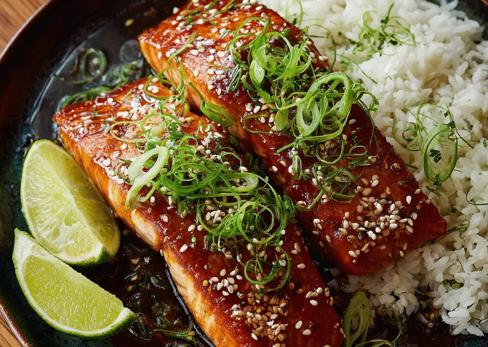 €7,80 • GEGRILDE ZALM MET HONING-SOJAGLAZUUR EN SESAMRIJST