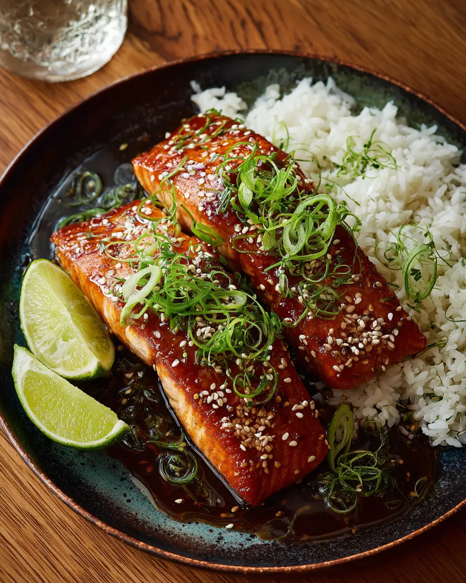 GEGRILDE ZALM MET HONING-SOIAGLAZUUR EN SESAMRIJST