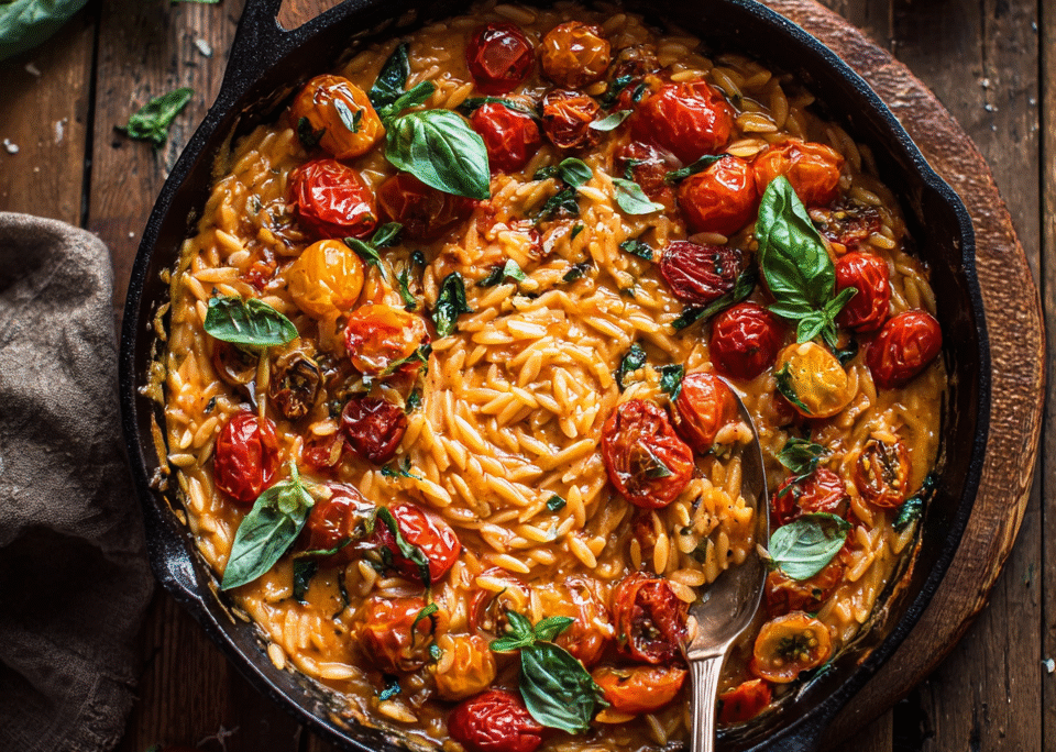 EENPANS ORZO MET TOMATEN EN PARMEZAAN