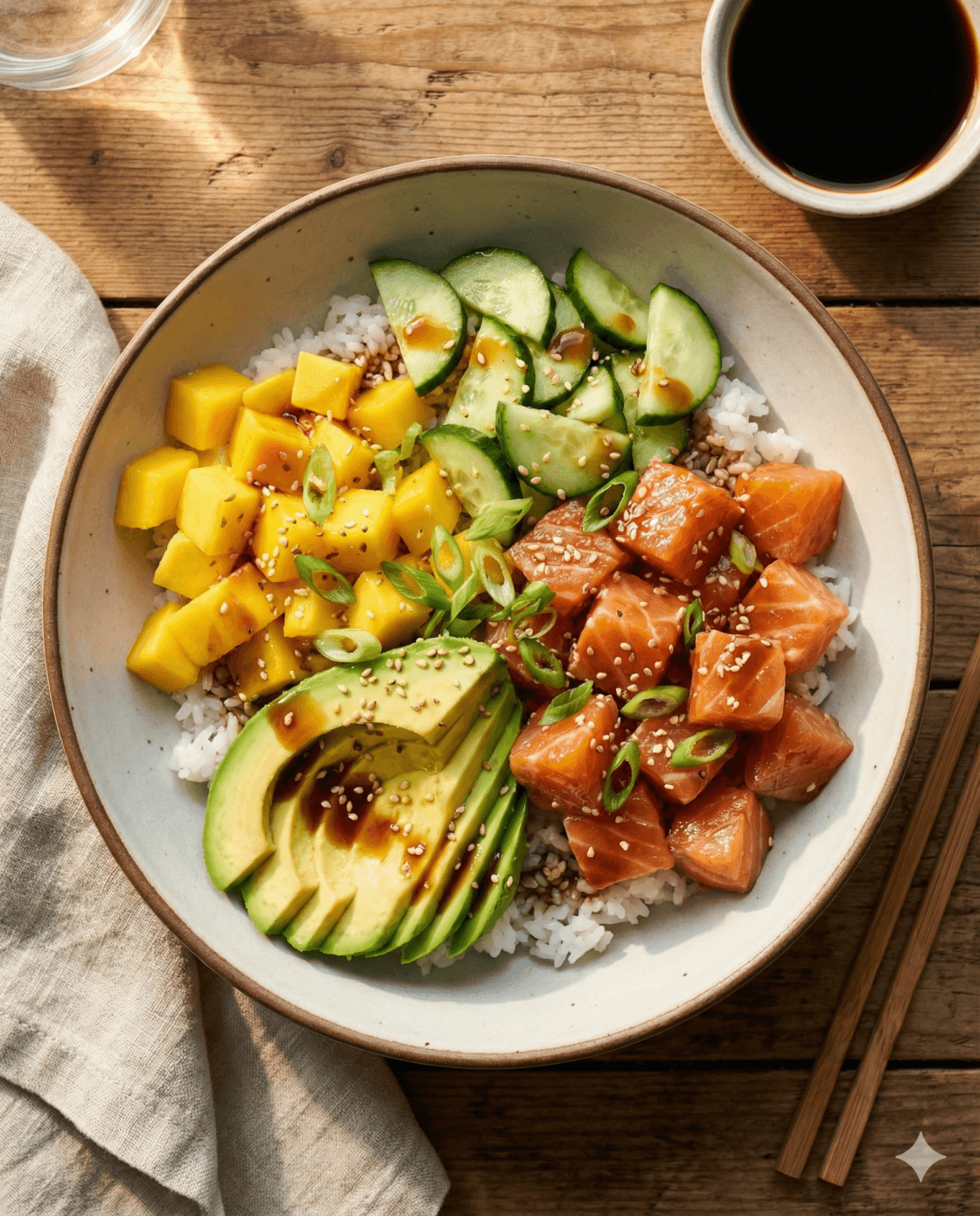 €6,90 • HAWAIIAN POKÉBOWL MET ZALM EN MANGO.