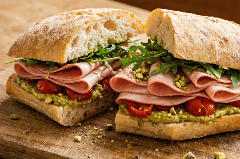 CIABATTA MET MORTADELLA, PISTACHECRÈME EN ZOET-ZURE TOMAATJES