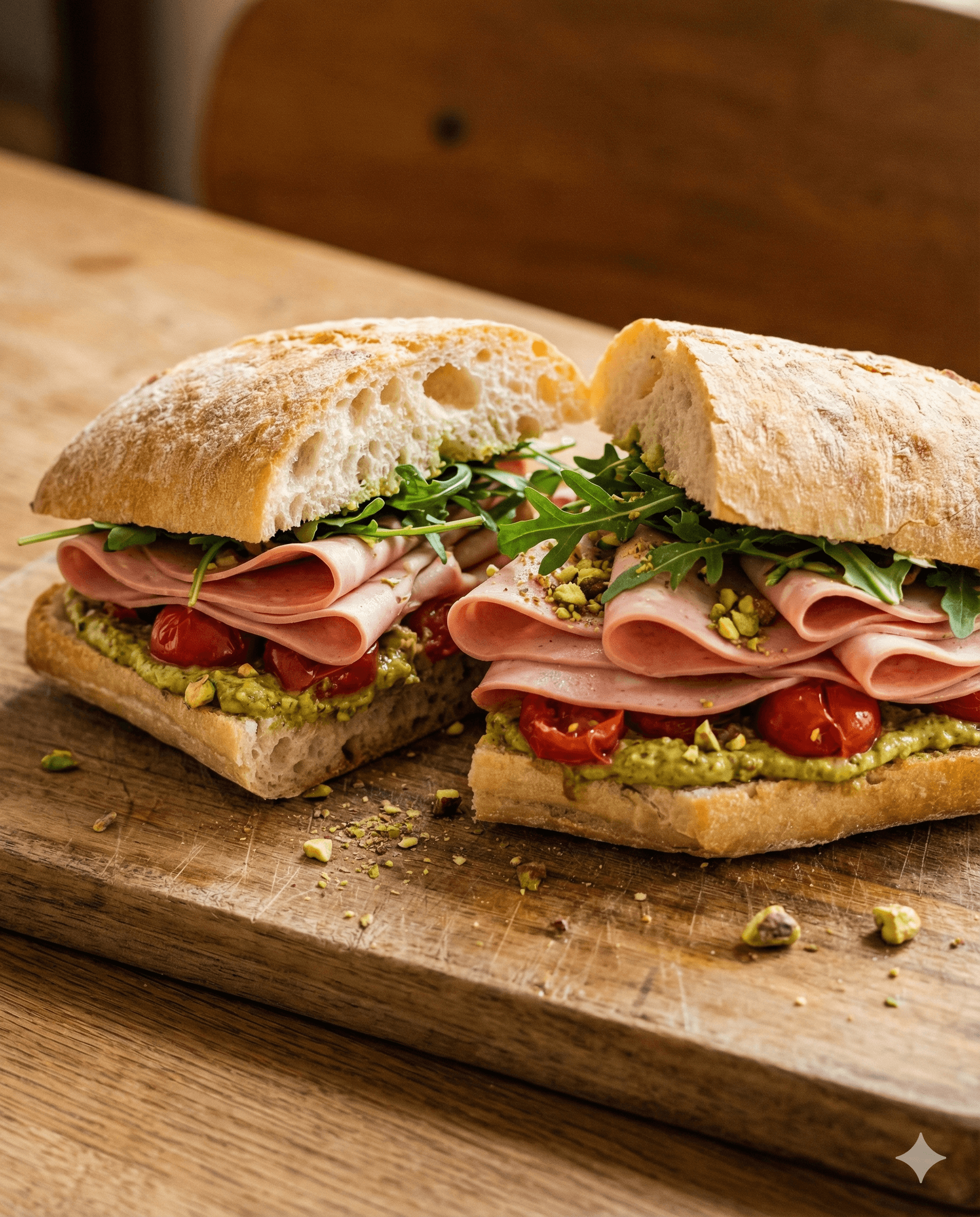 €5,90 • CIABATTA MET MORTADELLA, PISTACHECRÈME EN ZOET-ZURE TOMAATJES.