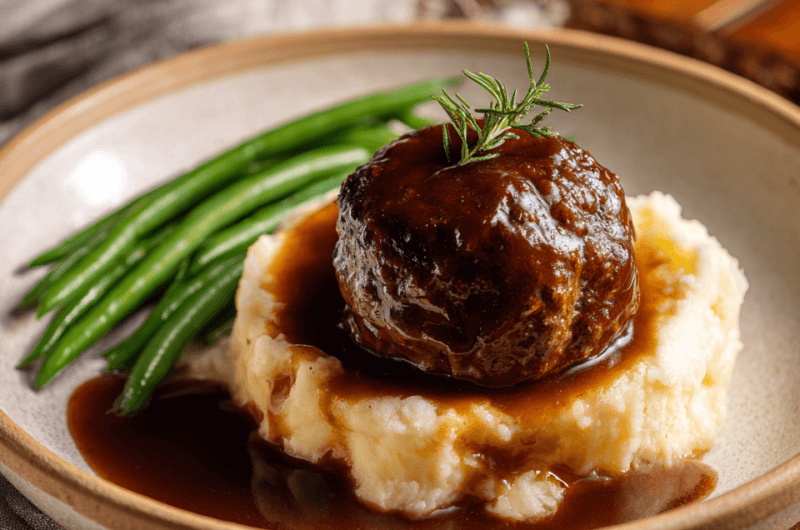 €3,30 • KLASSIEKE AVG: GEHAKTBAL MET JUS, AARDAPPELPUREE & SPERZIEBONEN.