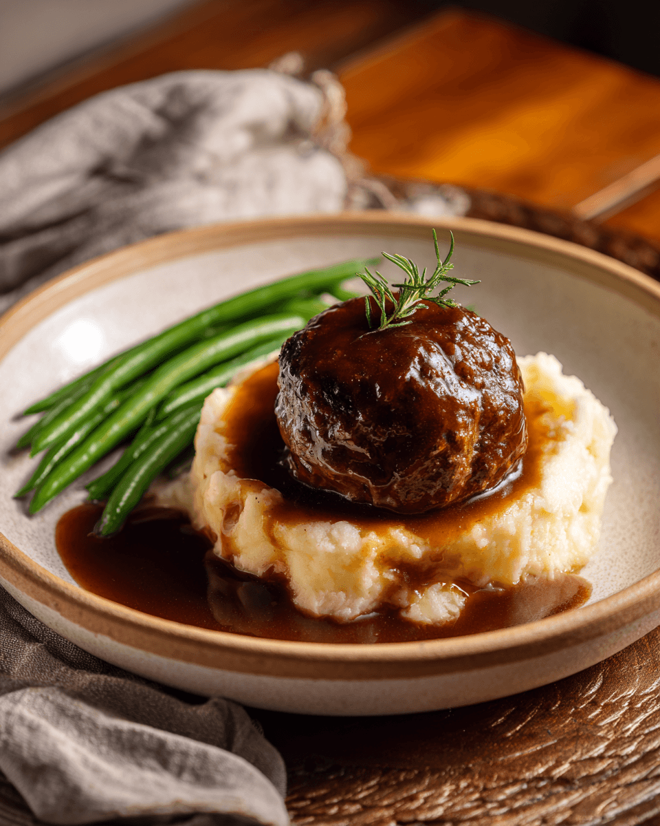 €3,30 • GEHAKTBAL MET JUS, AARDAPPELPUREE & SPERZIEBONEN.