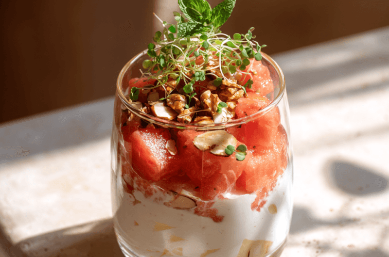 ROMIGE BURRATA CRÈME MET WATERMELOEN, AMANDEL EN KIEMGROENTEN
