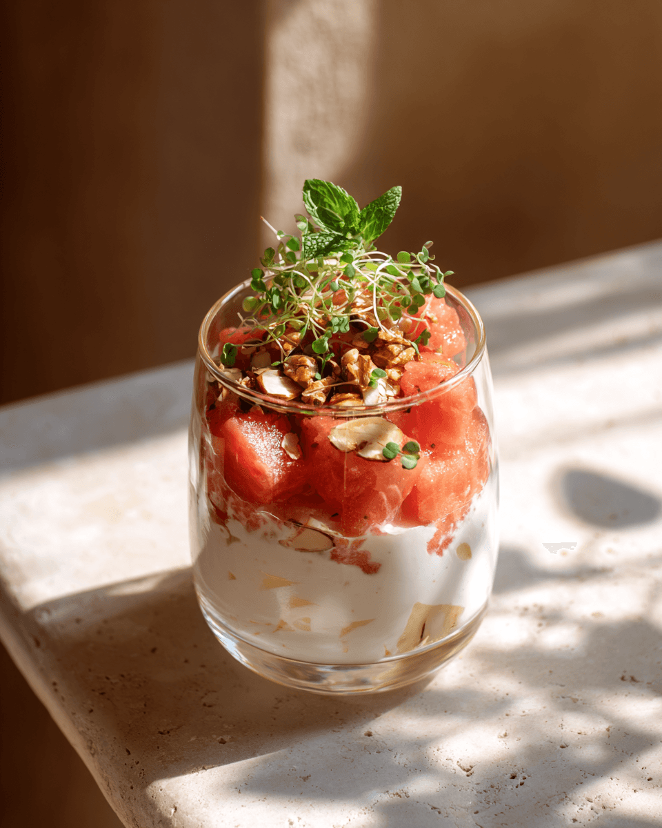 €3,50 • ROMIGE BURRATA CRÈME MET WATERMELOEN, AMANDEL & KIEMGROENTEN.