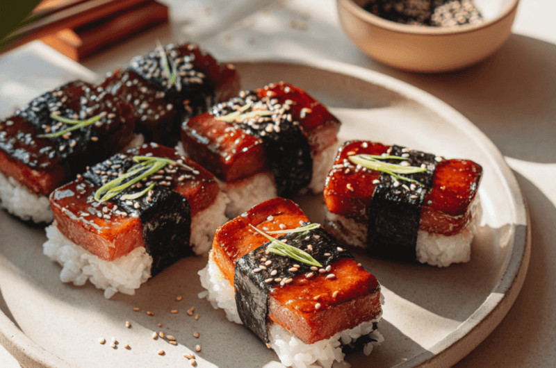 €3,60 P.P. • SPAM MUSUBI MET TERIYAKI-GLAZE en SESAM.