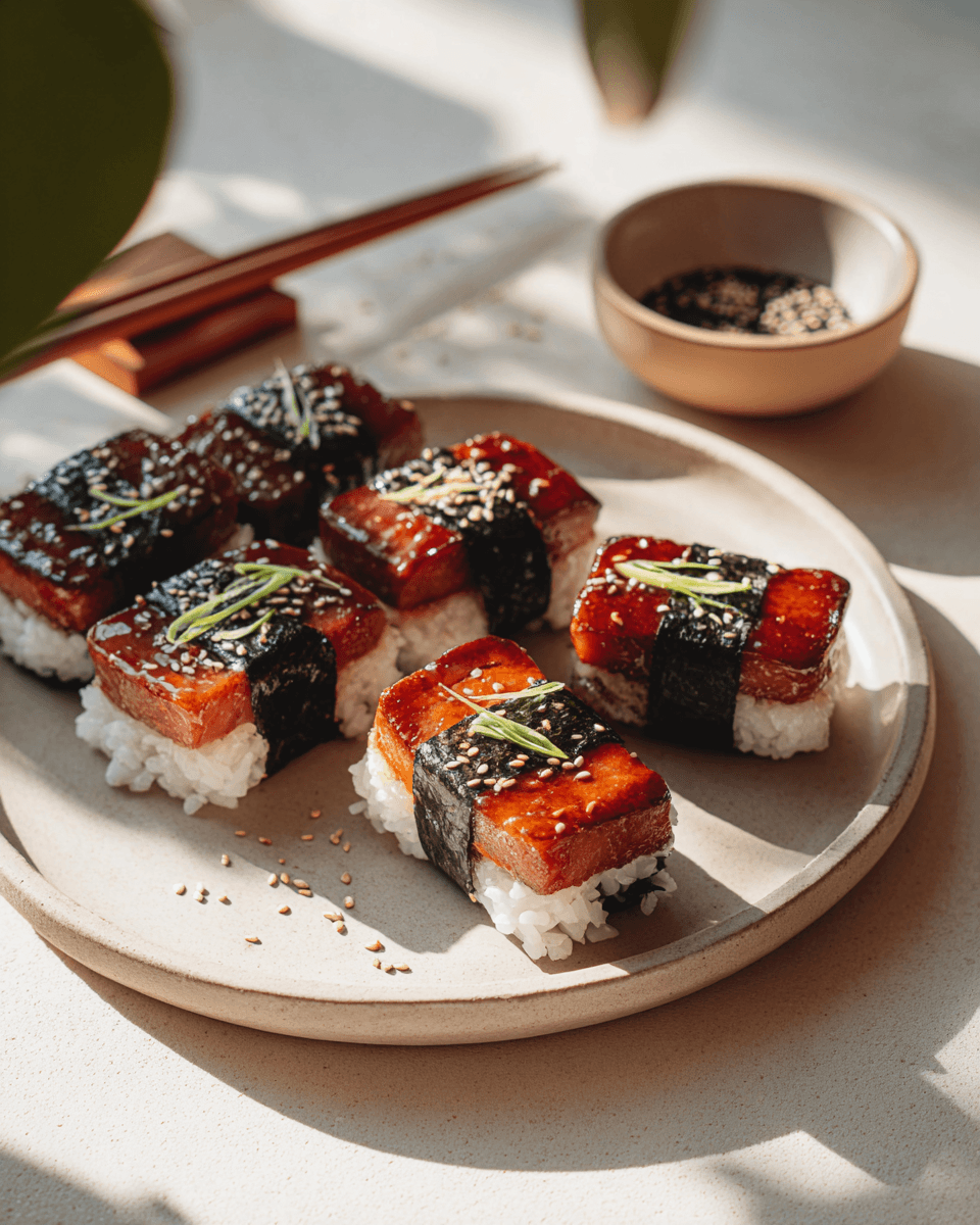 €3,60 P.P. • SPAM MUSUBI MET TERIYAKI-GLAZE & SESAM.