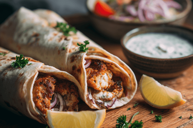 €5,20 P.P. • SHEET PAN CHICKEN KEFTA WRAPS MET KNOFLOOK-PAPRIKASAUS.
