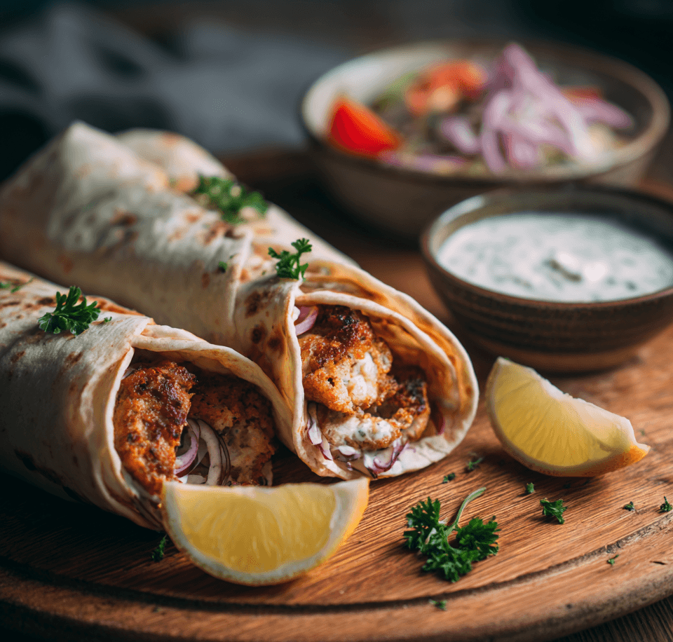 €5,20 P.P. • SHEET PAN CHICKEN KEFTA WRAPS MET KNOFLOOK-PAPRIKASAUS.