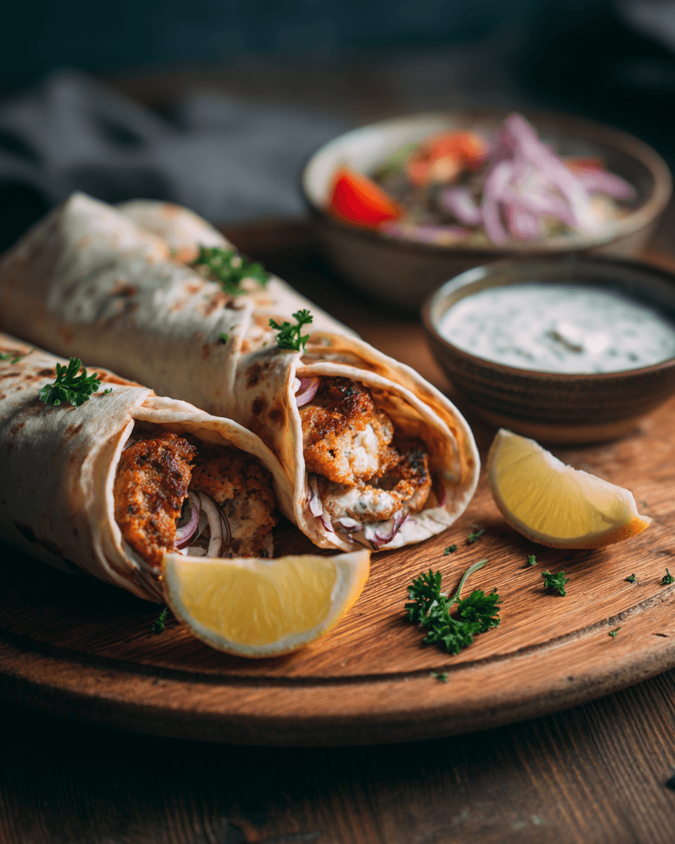 €5,20 P.P. • SHEET PAN CHICKEN KEFTA WRAPS MET KNOFLOOK-PAPRIKASAUS.