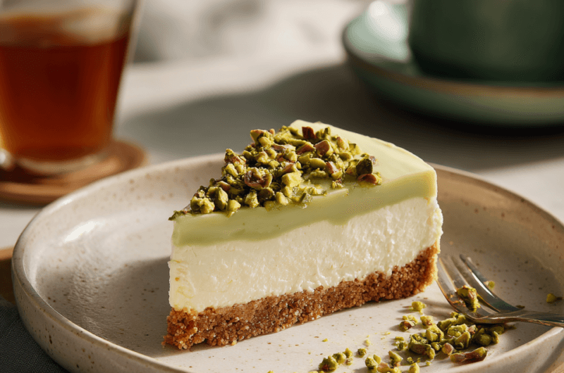 NO-BAKE PISTACHE WITTE CHOCOLADE CHEESECAKE (BIZAR LEKKER)