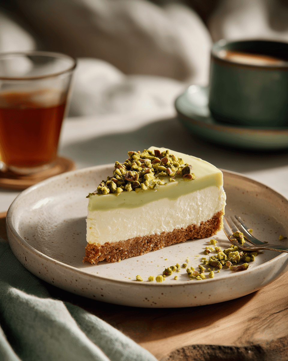 €2,40 NO-BAKE PISTACHE WITTE CHOCOLADE CHEESECAKE (BIZAR LEKKER).