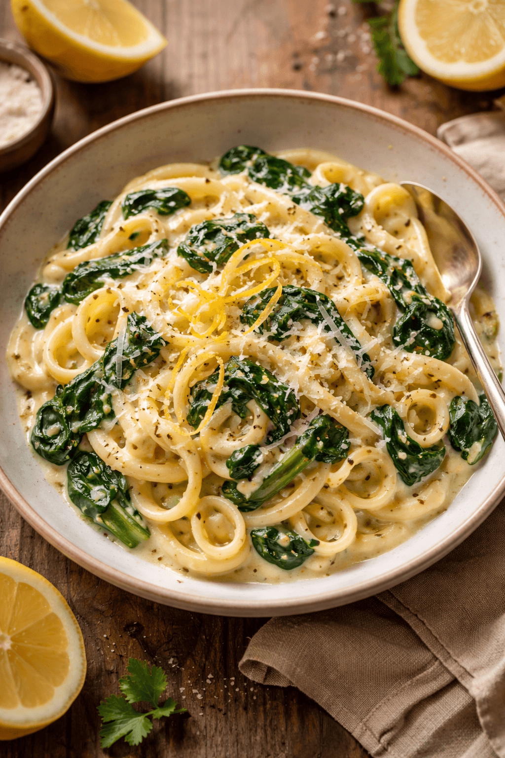 €2,80 • FRISSE LENTE PASTA MET CITROEN EN SPINAZIE.