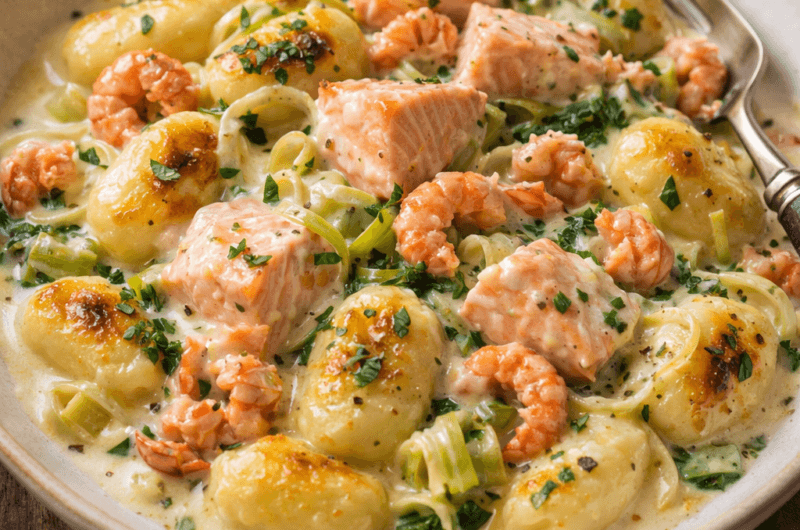 ROMIGE GNOCCHI MET ZALM, RIVIERKREEFT EN PREI