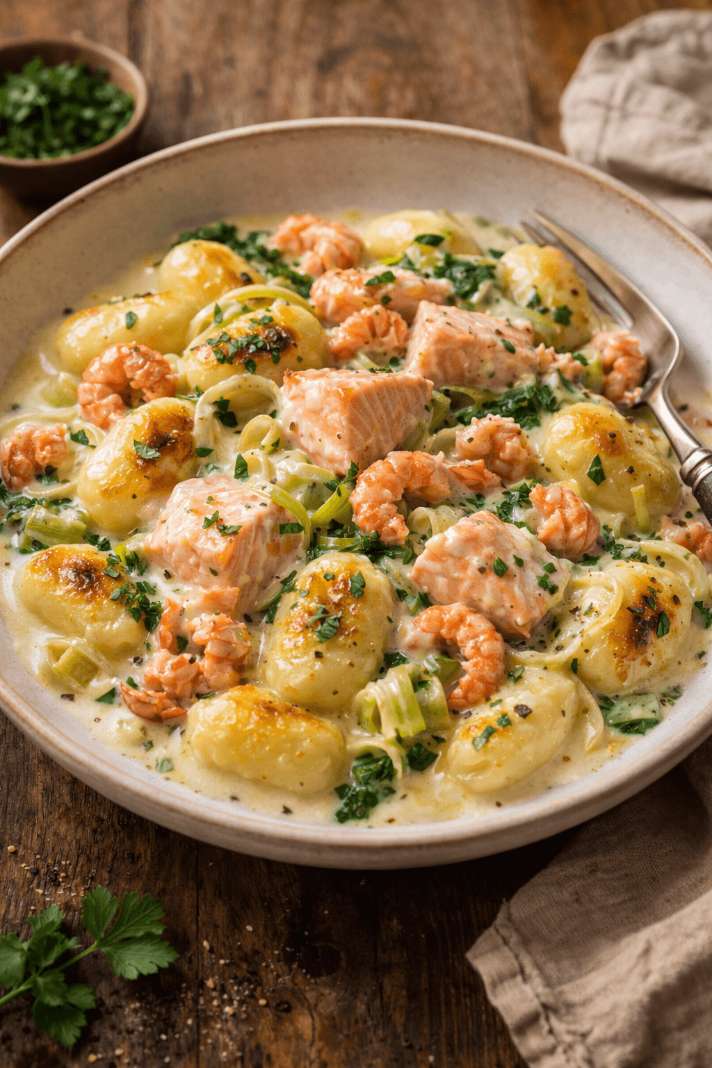 €6,90 • ROMIGE GNOCCHI MET ZALM, RIVIERKREEFT EN PREI.