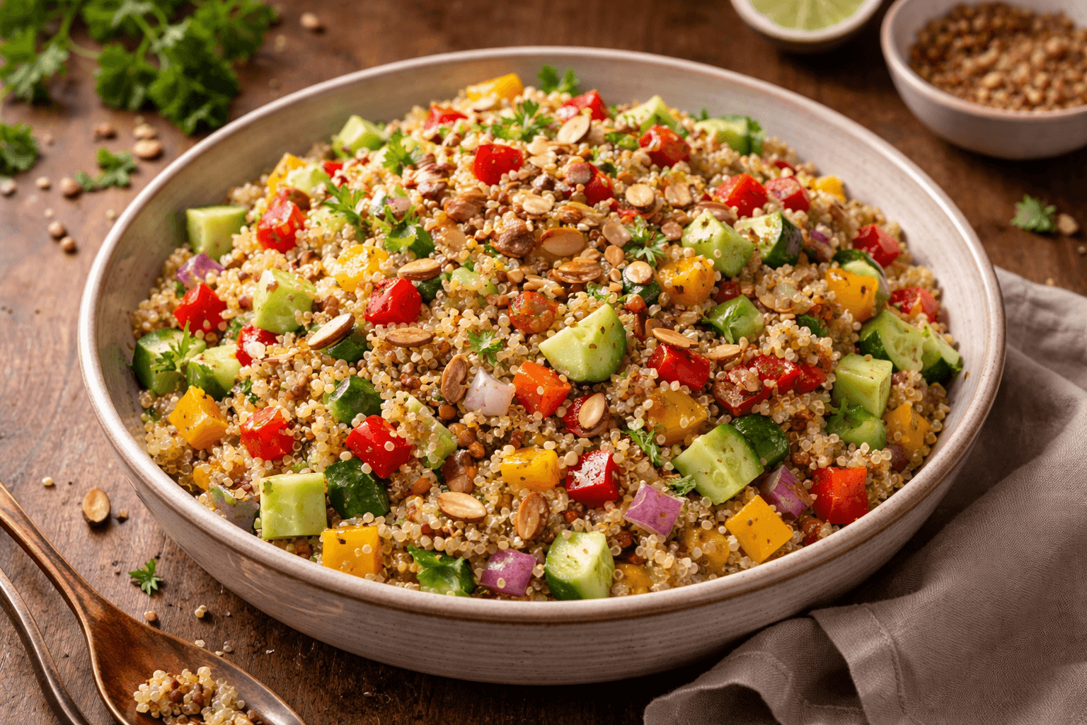 €3,40 • CRUNCHY QUINOASALADE MET HONING-LIMOEN DRESSING.