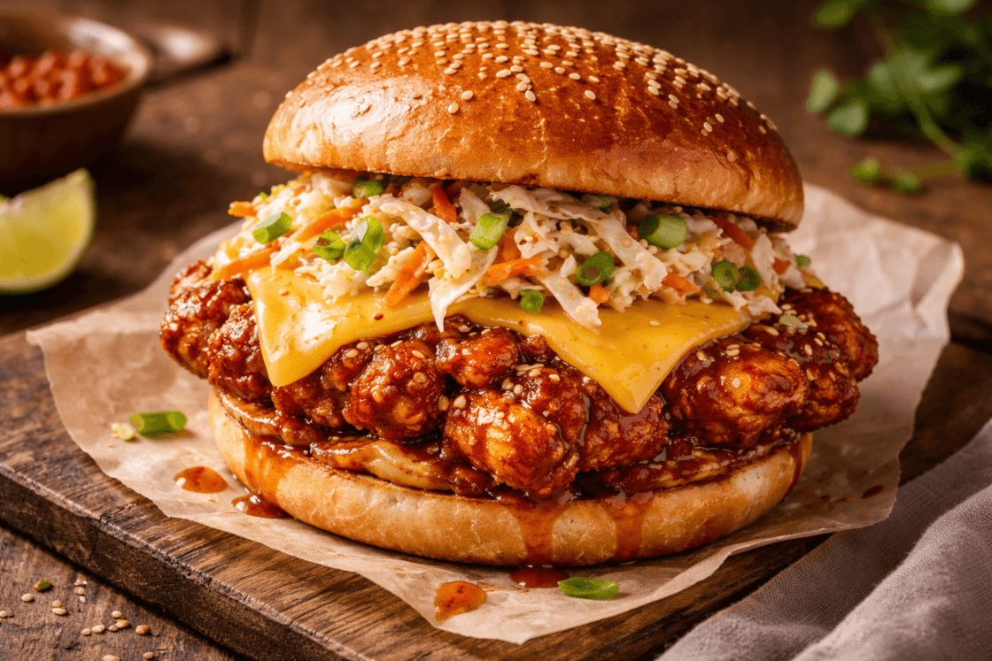 €3,90 • CRUNCHY BULDAK CHICKEN BURGER MET KOREAN FIRE SAUCE.