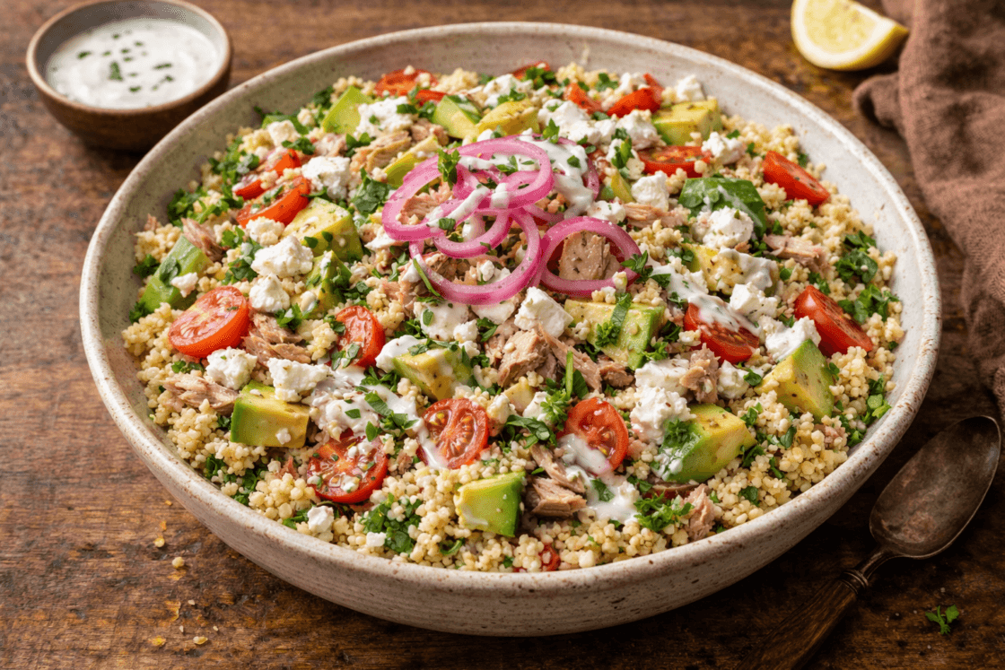 €4,60 • COUSCOUS SALADE MET TONIJN, FETA & ZOETZURE UI.