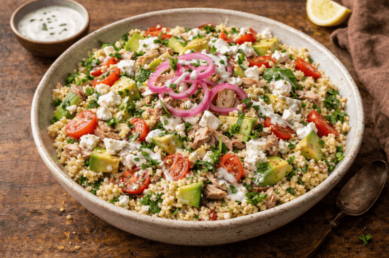 COUSCOUS SALADE MET TONIJN, FETA EN ZOETZURE UI
