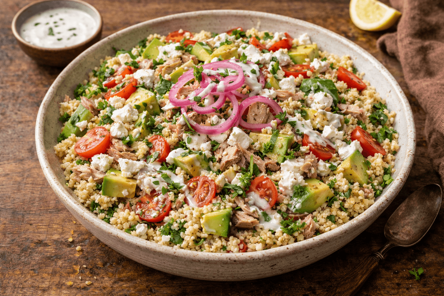 €4,60 • COUSCOUS SALADE MET TONIJN, FETA & ZOETZURE UI.