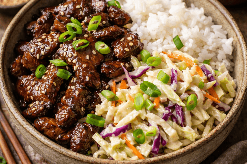 KOREAANSE BIEFSTUKREEPJES MET RIJST, KOOLSLAW EN MISO DRESSING