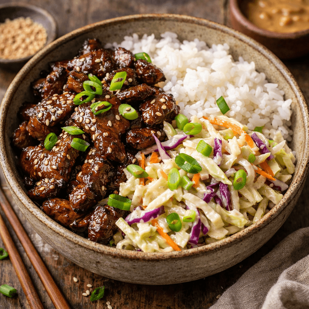 €4,20 • KOREAANSE BIEFSTUKREEPJES MET RIJST, KOOLSLAW EN MISO DRESSING.