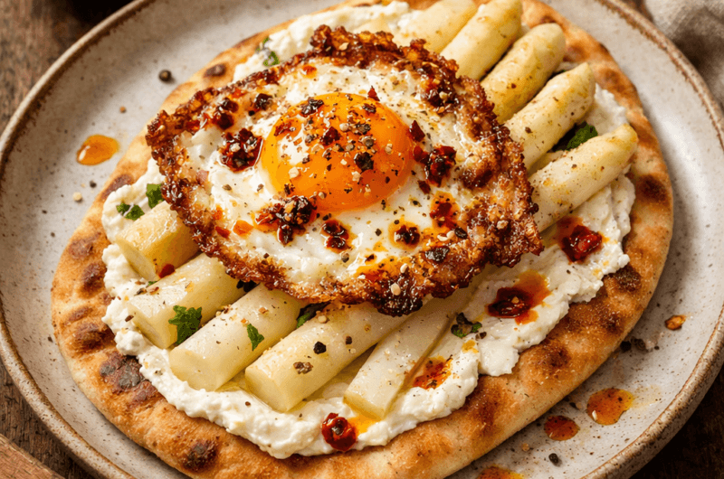 WITTE ASPERGE FLATBREAD MET CRISPY CHILI EI EN CITROENRICOTTA