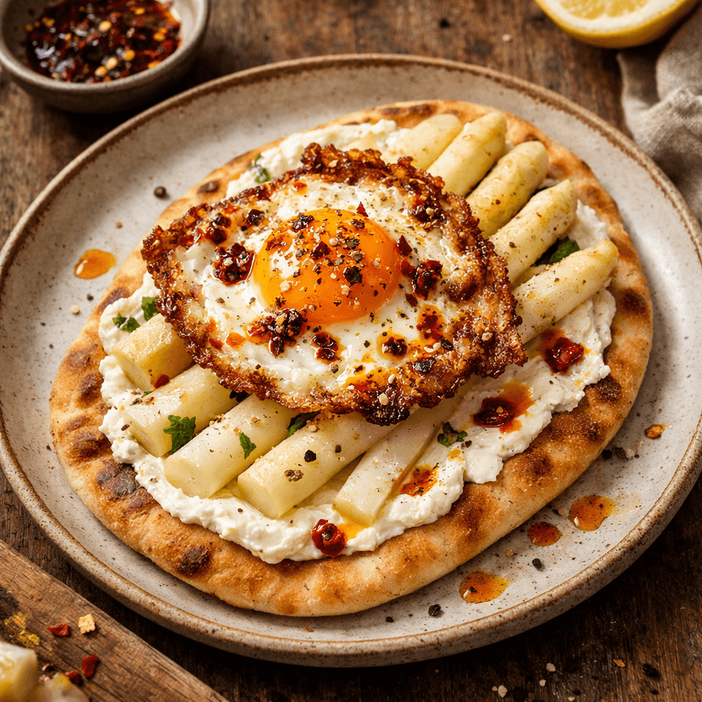 €3,80 • WITTE ASPERGE FLATBREAD MET CRISPY CHILI EI EN CITROENRICOTTA.