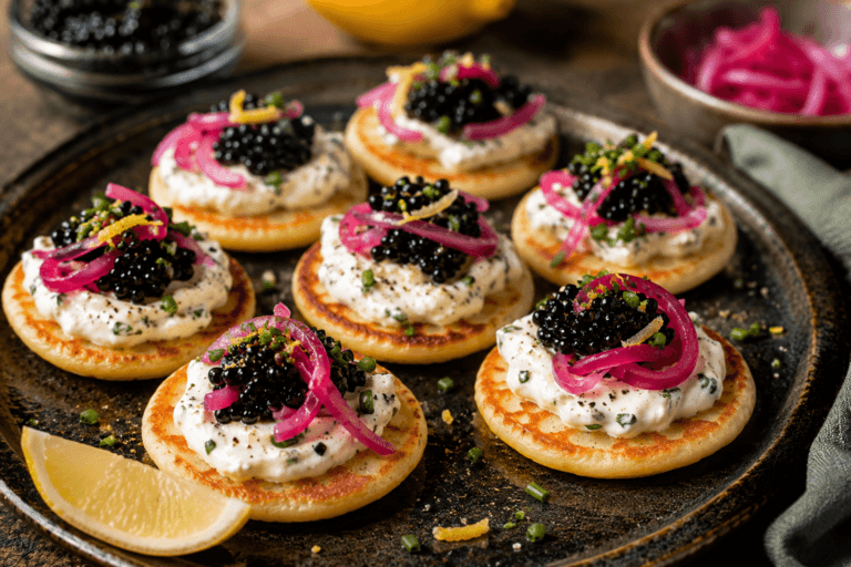 Budget blini’s met citroencrème, foreleitjes en ingelegde rode ui op een donkere serveerschaal.