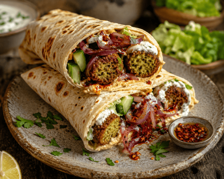 Crispy falafel wrap met hummus gevuld met sticky chili-ui, komkommer en frisse yoghurtsaus.