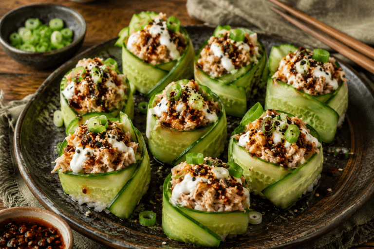 Crispy komkommer rolls met tonijn, rijst en chili-olie op een donkere keramieken schaal.