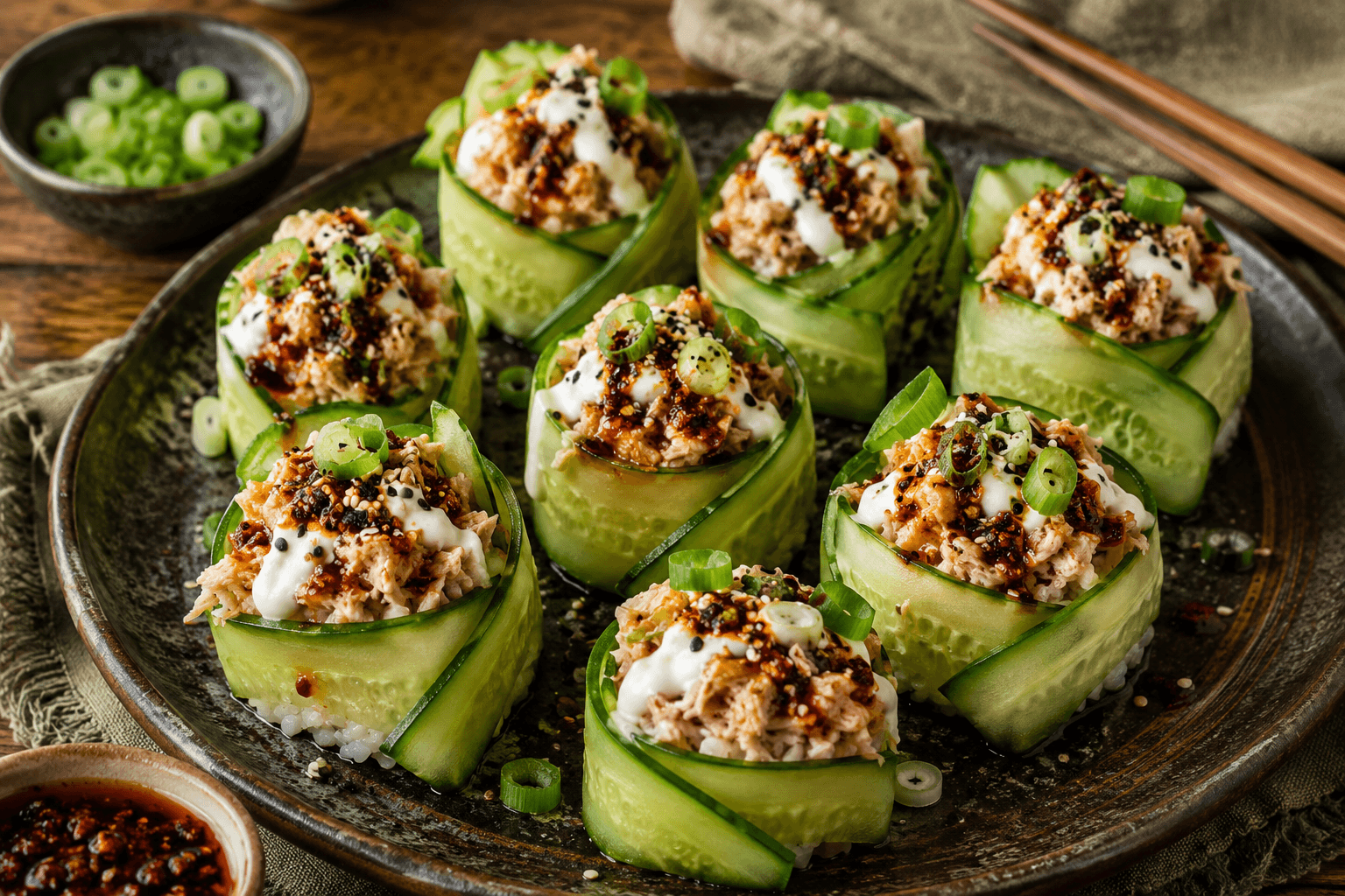 €3,90 • CRISPY KOMKOMMER ROLLS MET CHILI TONIJN