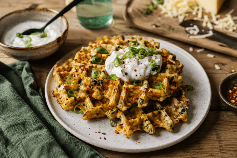 Hartige leftovers wafels met gesmolten kaas en groente op een rustiek bord.