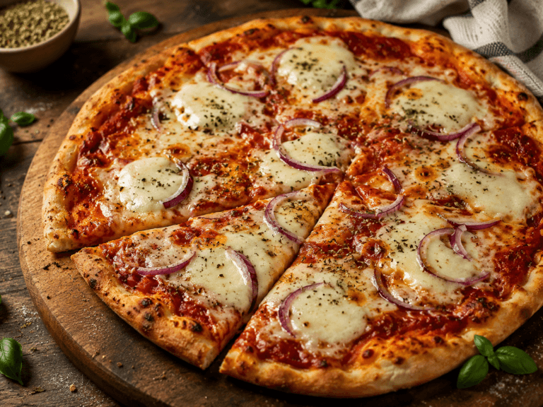 Huisgemaakte pizza met mozzarella op een houten plank met crispy korst en rode ui.