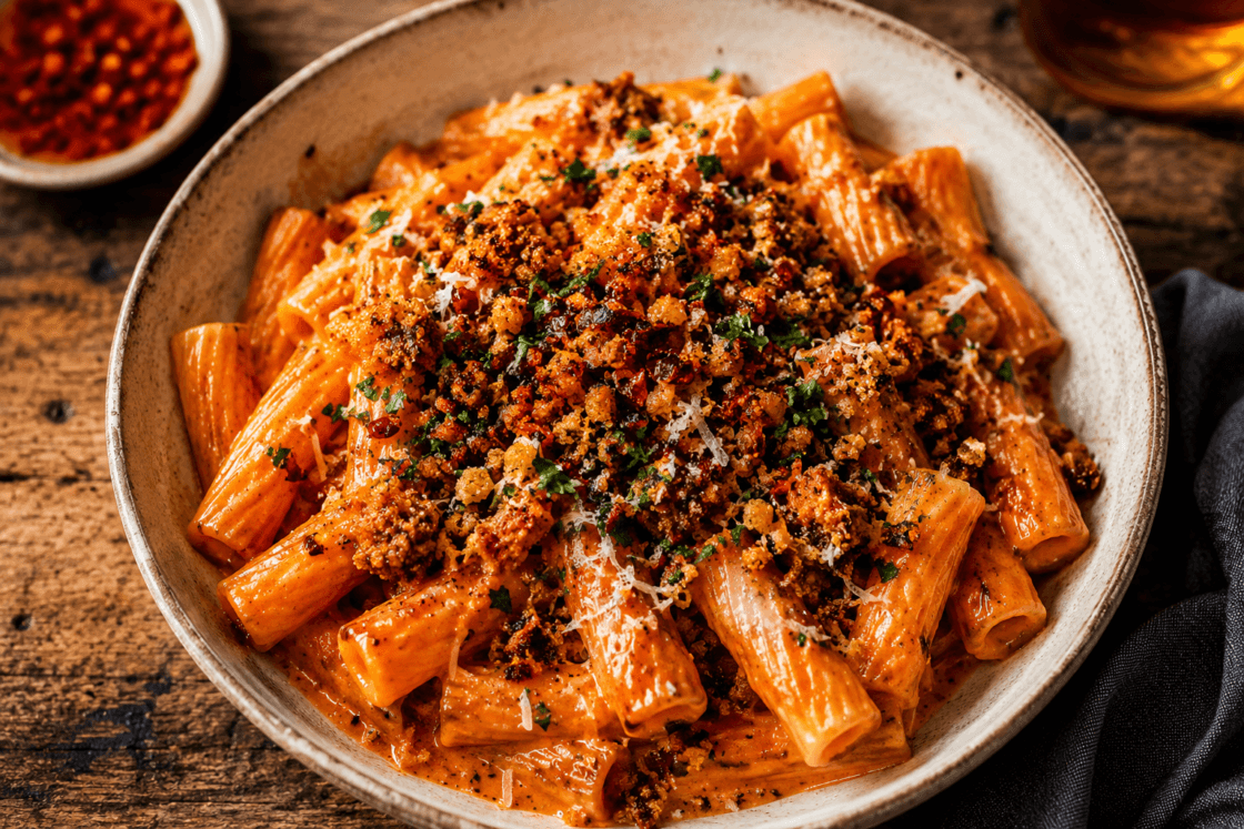 €4,40 • PASTA VODKA MET CRISPY CHILI PANGRATTATO