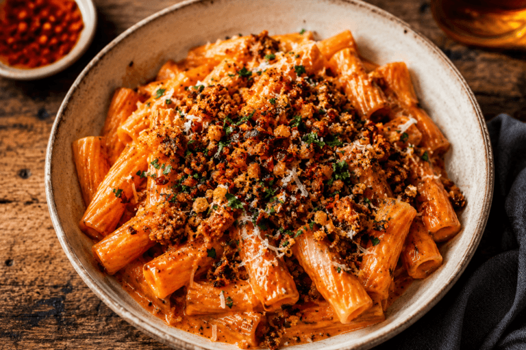 Pasta vodka met crispy chili pangrattato in een diepe kom met romige tomatensaus en krokante topping.