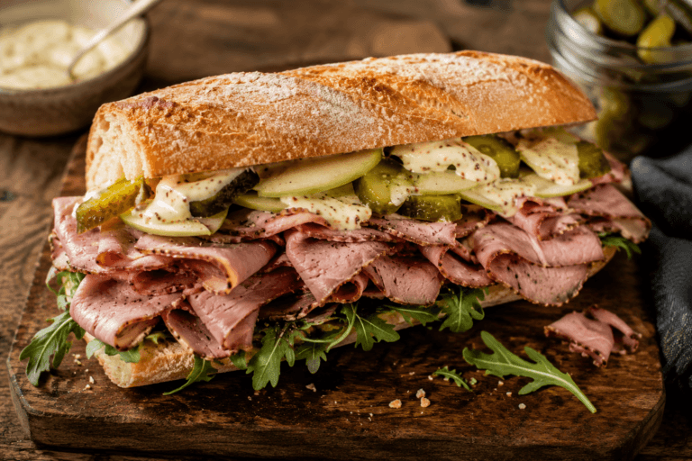 Rijkelijk gevuld broodje fricandeau met mosterdcrème, appel, augurk en rucola op een houten plank.