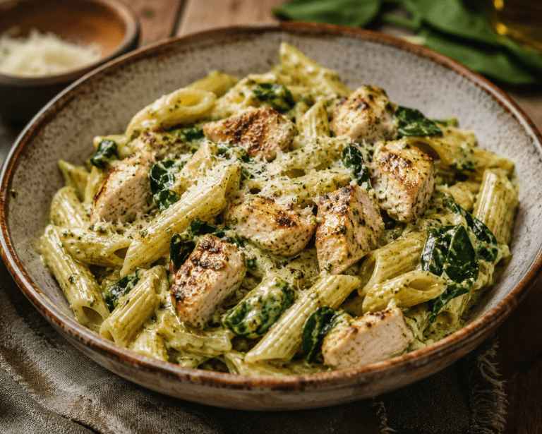 Romige kip pesto pasta in een diepe keramieken kom met spinazie en gesmolten kaas.
