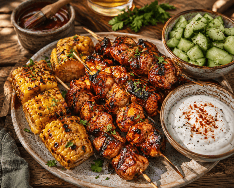 Sticky bbq kipspiesen met gegrilde maïs en yoghurtsaus op een rustieke BBQ-tafel.