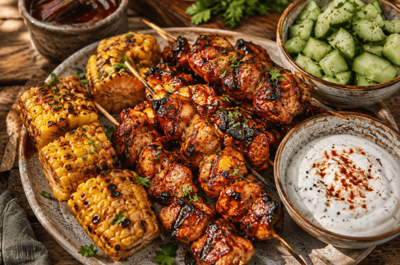 Sticky BBQ Kipspiesen met Mais en Frisse Yoghurtsaus